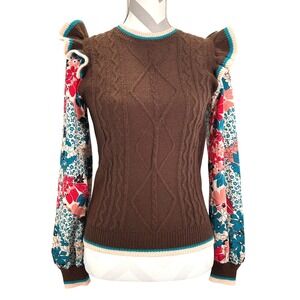 En Merci Brown Cable Knit Floral Balloon‎ Sleeve Ruffle Sweater Womens Small